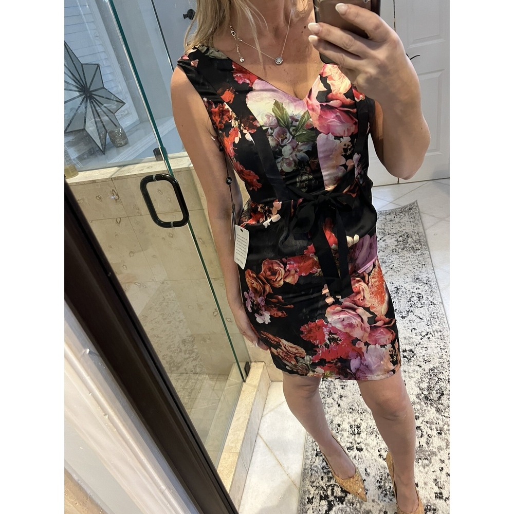 Adrianna Papell Floral Satin Cocktail Party Dress Sleeveless 2P XS Multicolor